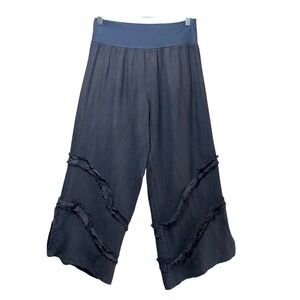 Made in Italy Linen Wide Leg Crop Pants Navy Elastic Waist Boho Fringe Trim L/XL